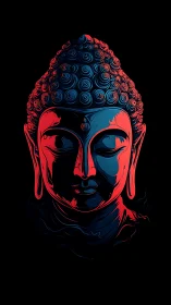 Neon-dual Buddha visage glowing in meditative midnight hush.