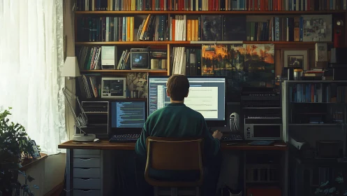 Digital painting of programmer in densely layered home studio.