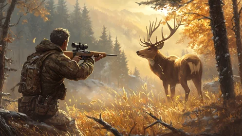 Autumn standoff pauses the hunter’s breath before the shot