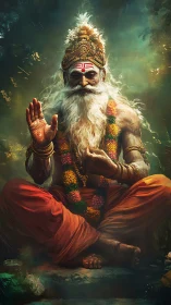 Mystic sage in blessing mudra under ethereal forest light.