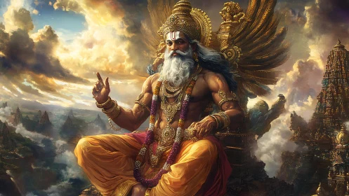 Winged celestial sovereign in golden atmospheric mandala space.