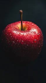 Red apple macro shot glistens with crisp water droplets.