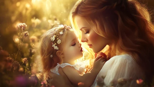 Mother and Child in Golden Hour: Intimate Portrait with Wildflower Setting.