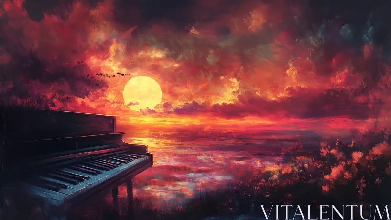 Piano beside a vivid ocean sunset under dramatic clouds.
