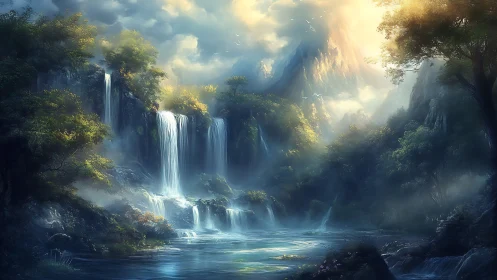 Sunlit waterfalls pour gently into a misty forest pool