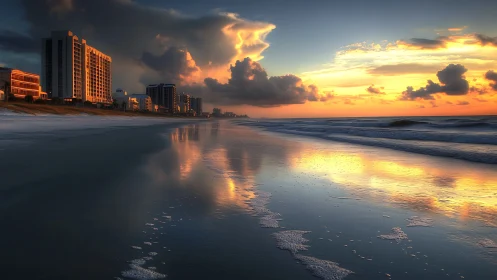 Coastal high-rise waterfront under reflective sunset sky.