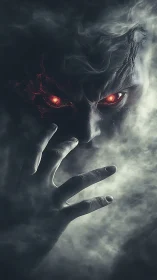 Mysterious smoke spirit with glowing ember eyes emerging.