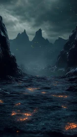 Lava-lit path winds through dark volcanic canyon at dusk