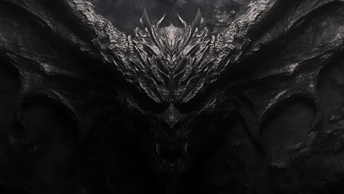 Demonic obsidian face emerges from shadowed rock wall.