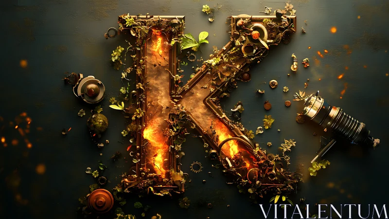 Glowing letter K wrapped in steampunk gears and greenery.