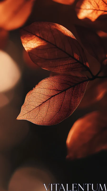 Backlit brown leaf with detailed veins in soft focus field.