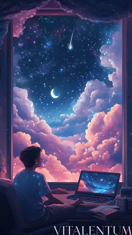 Person at desk observing clouded night sky through window.