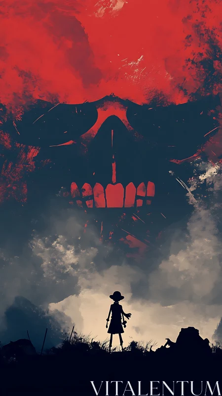 Silhouetted child beneath large red skull-shaped cloud form.