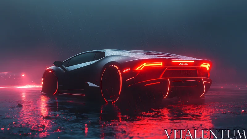 Sleek neon supercar glowing softly in a rainy night street.