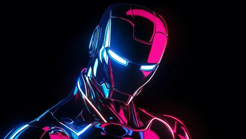Neon-lit armored robot portrait glows against dark void