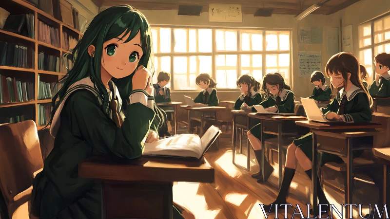 Anime school classroom scene with focused students studying.
