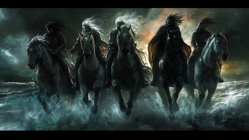 Dark riders on charging horses crossing stormy water.