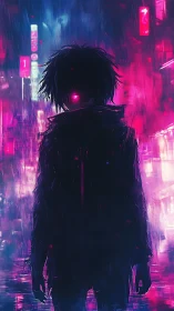 Neon-eyed wanderer stalks rain-slick cyberpunk backstreets.