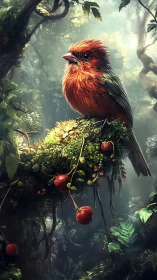 Cherry-perched jungle songbird in glowing moss cathedral.