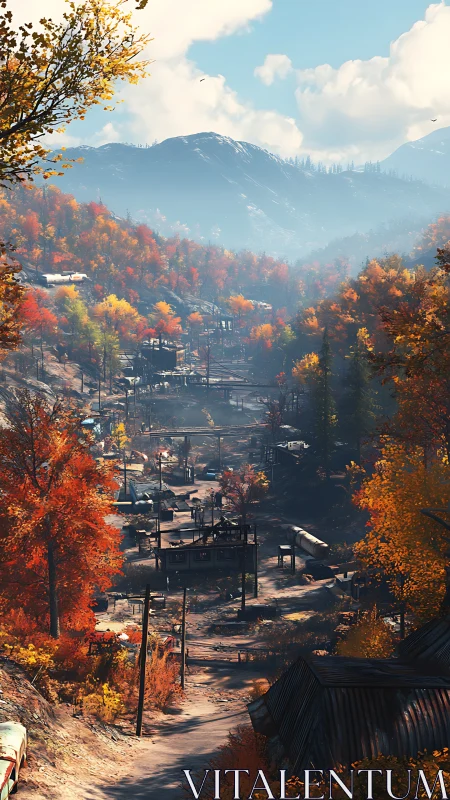 Mountain valley settlement in dense autumn forest landscape.