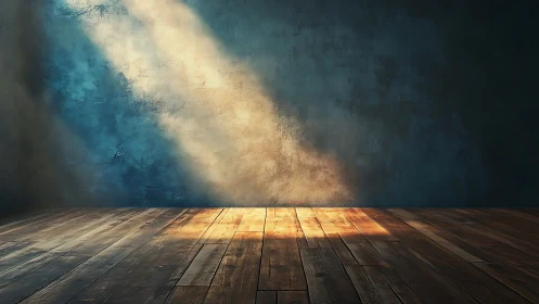 Sunlit wooden floor under angled beams against textured wall
