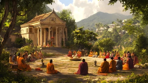 Monastic assembly in forest courtyard before classical temple.