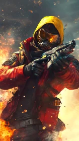 Futuristic masked hero holding a pistol amid swirling fire.