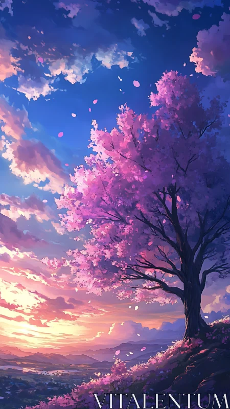 Radiant cherry tree overlooking a sunset valley panorama.