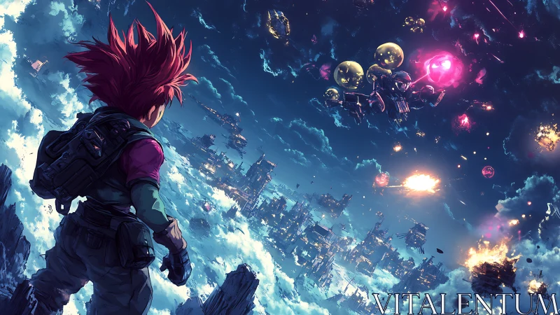 Anime sky warrior surveys burning futuristic cloud city.