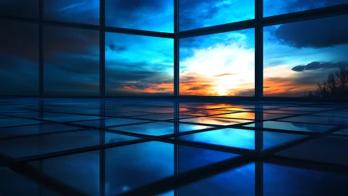 Glass interior with reflective grid floor and sunset sky view.