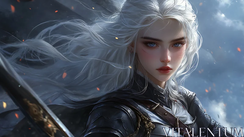 Armored silver haired warrior rendered with high detail lighting effects