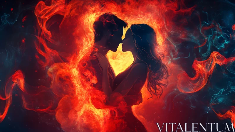Silhouetted figures with luminous heart form within flame composition.