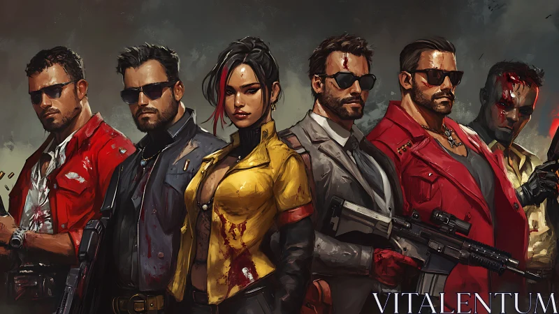 Gang of armed fighters stands in bloodstained urban gear