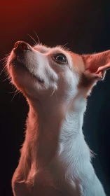 Small dog portrait under red and blue studio lighting.