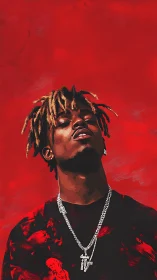 Digital portrait with saturated red field and upward gaze focus.