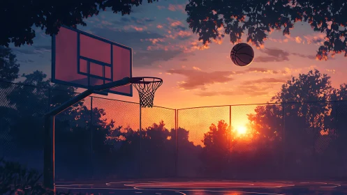 Outdoor basketball court shows ball in midair at sunset