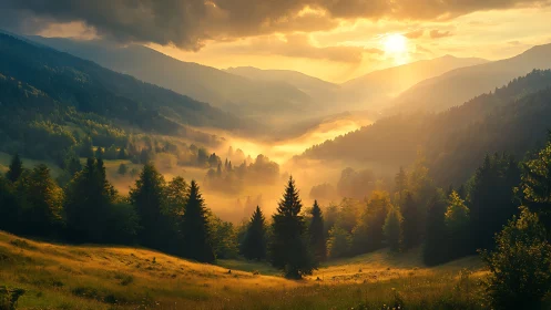 Sunlit mist rolls through storybook valley pines at dawn.