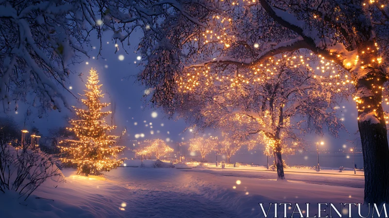 Snowy riverside park glows with warm festive Christmas lights