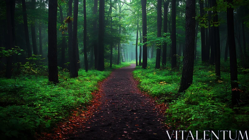 Serene forest path at dawn with lush green foliage and misty light.