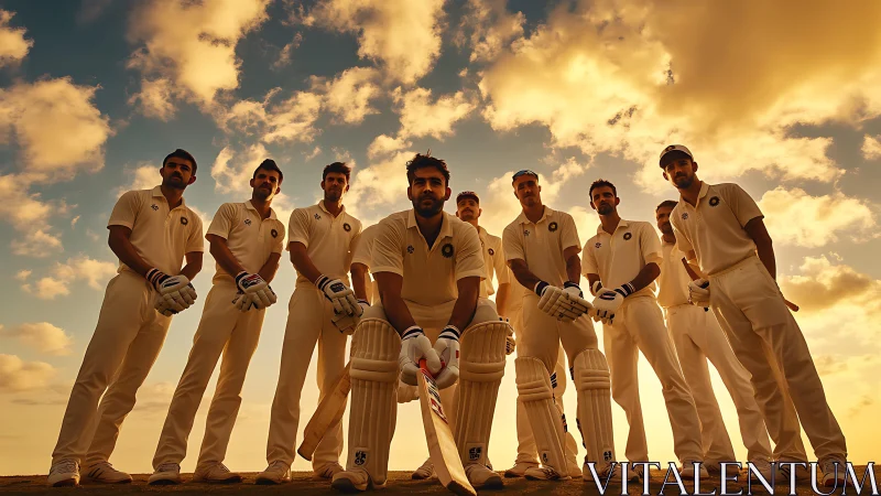 Cricket squad in golden hour low-angle team formation portrait.