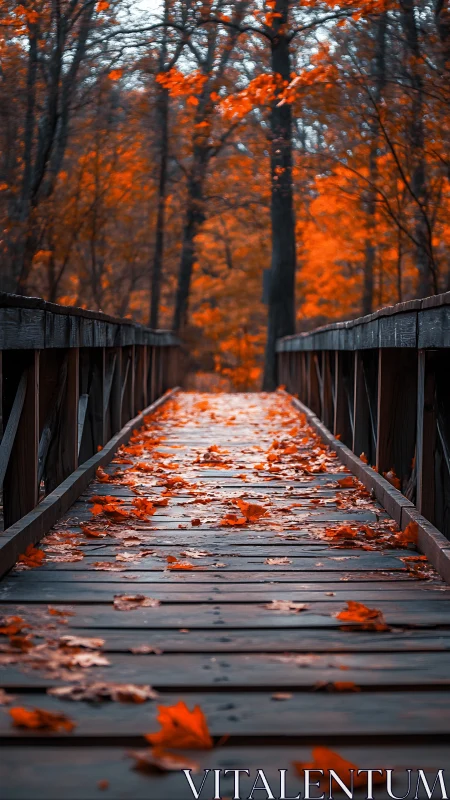 Photorealistic wooden bridge with autumn leaf perspective lines.