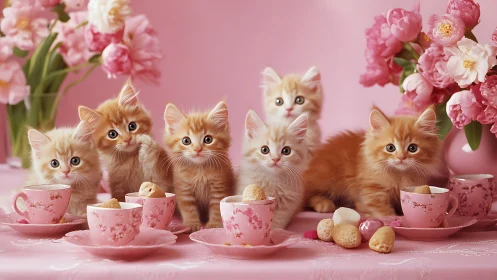 Kittens Arranged with Floral Elements and Tea Service Setup.