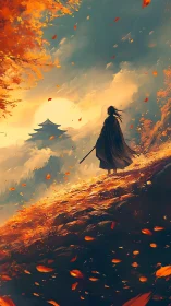 Lone samurai walks hillside toward distant temple at sunset