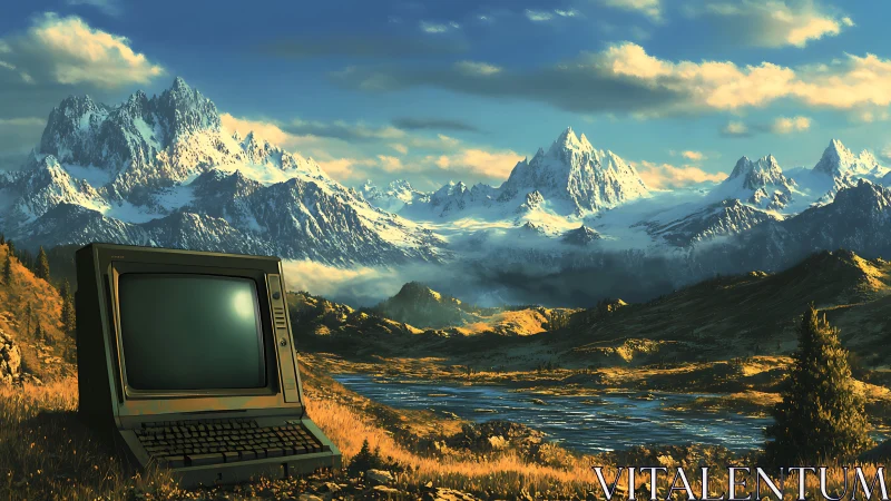 Retro computer rests before vast sunlit alpine mountain range