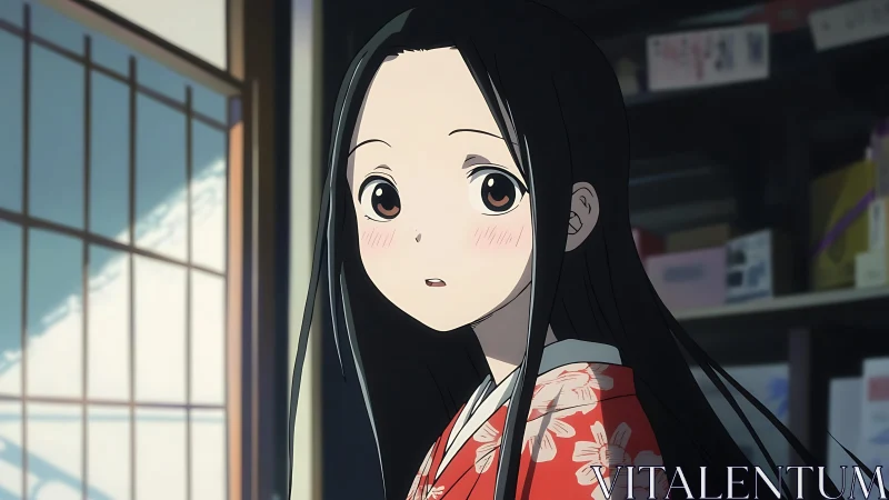 Anime girl in red kimono lit by soft shoji window light.