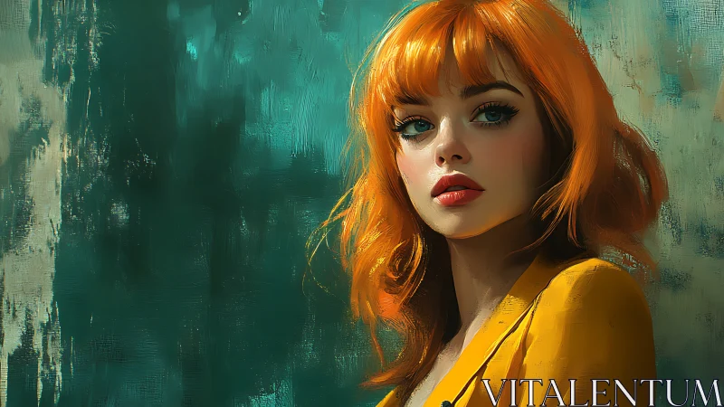 Vivid digital portrait of red haired woman in yellow jacket