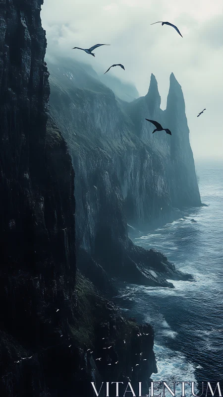 Basaltic Columnar Sea Stacks with Avian Flight Silhouettes.