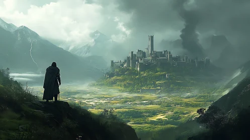 Lone cloaked wanderer overlooking stormlit mountain citadel.