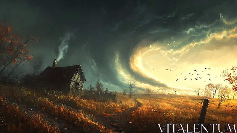 Stormlit farmhouse watches a glowing sky swirl overhead