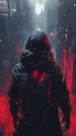 Hooded figure stands over futuristic city in red haze